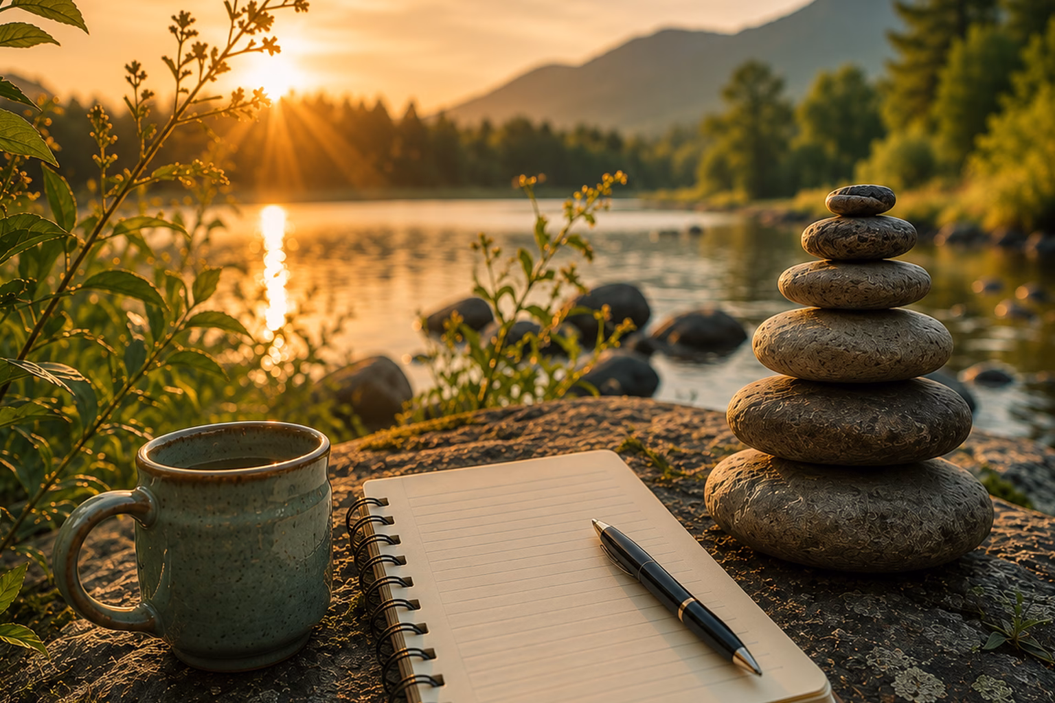 Peaceful lakeside scene with a journal, coffee mug, stacked stones, and sunrise symbolizing emotional regulation, resilience, mindfulness, and healthy adjustment through therapy.