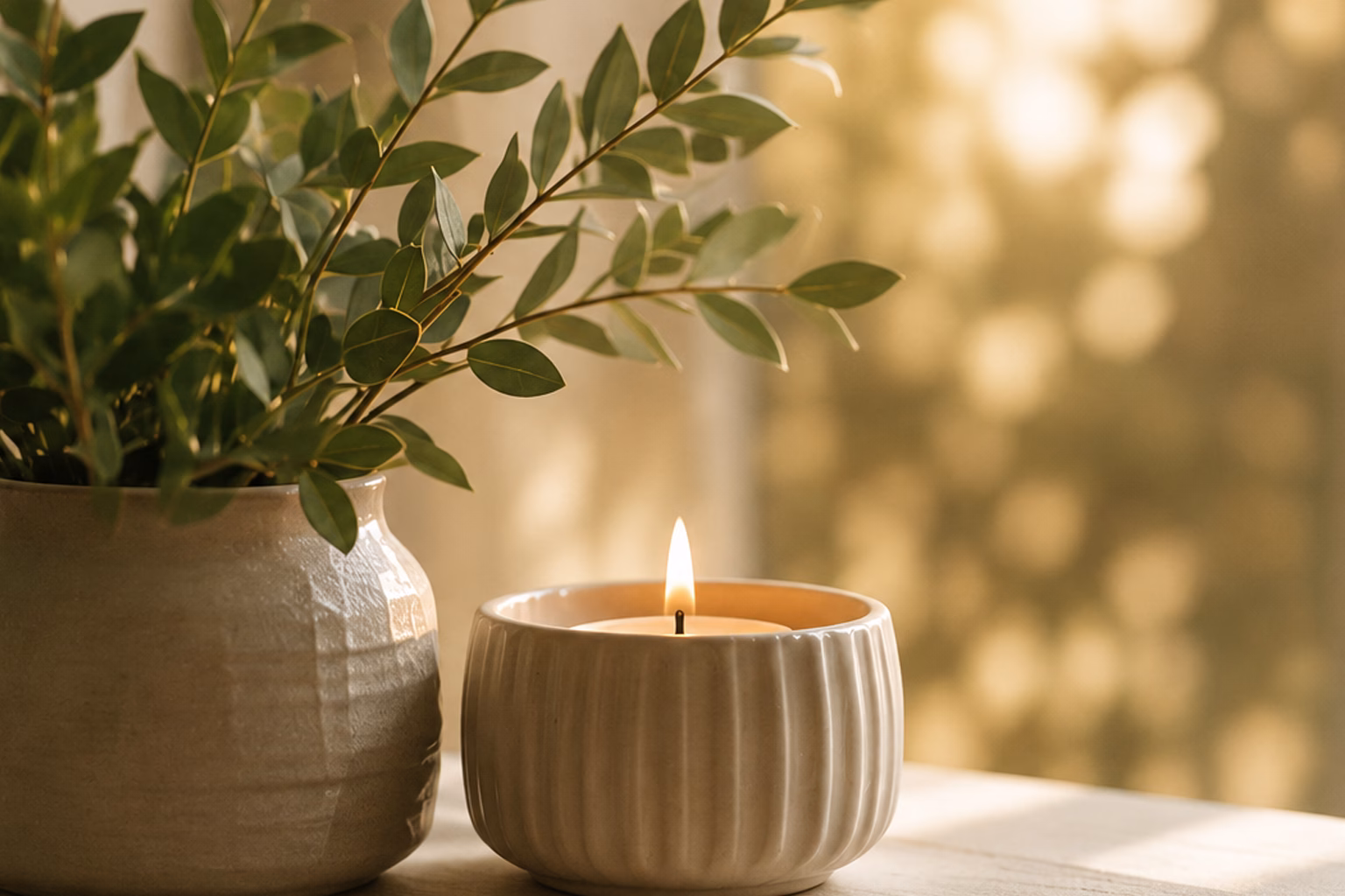 Peaceful candle and leafy green plant in warm natural light representing anxiety management, mindfulness, emotional calm, and therapeutic self-care.