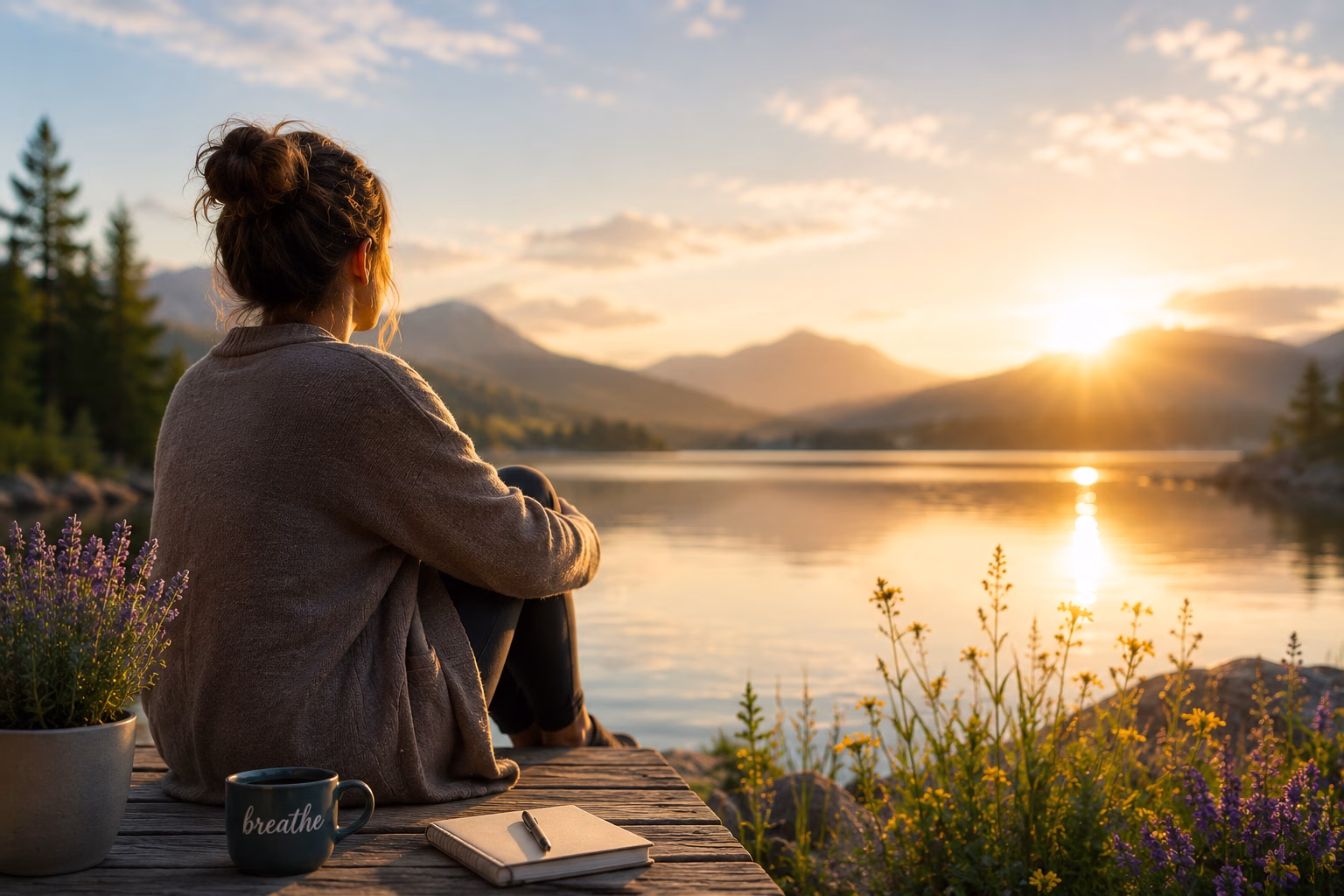 Woman sitting peacefully by a mountain lake at sunrise reflecting on healing from chronic stress and burnout through therapy, self-care, emotional balance, and recovery.