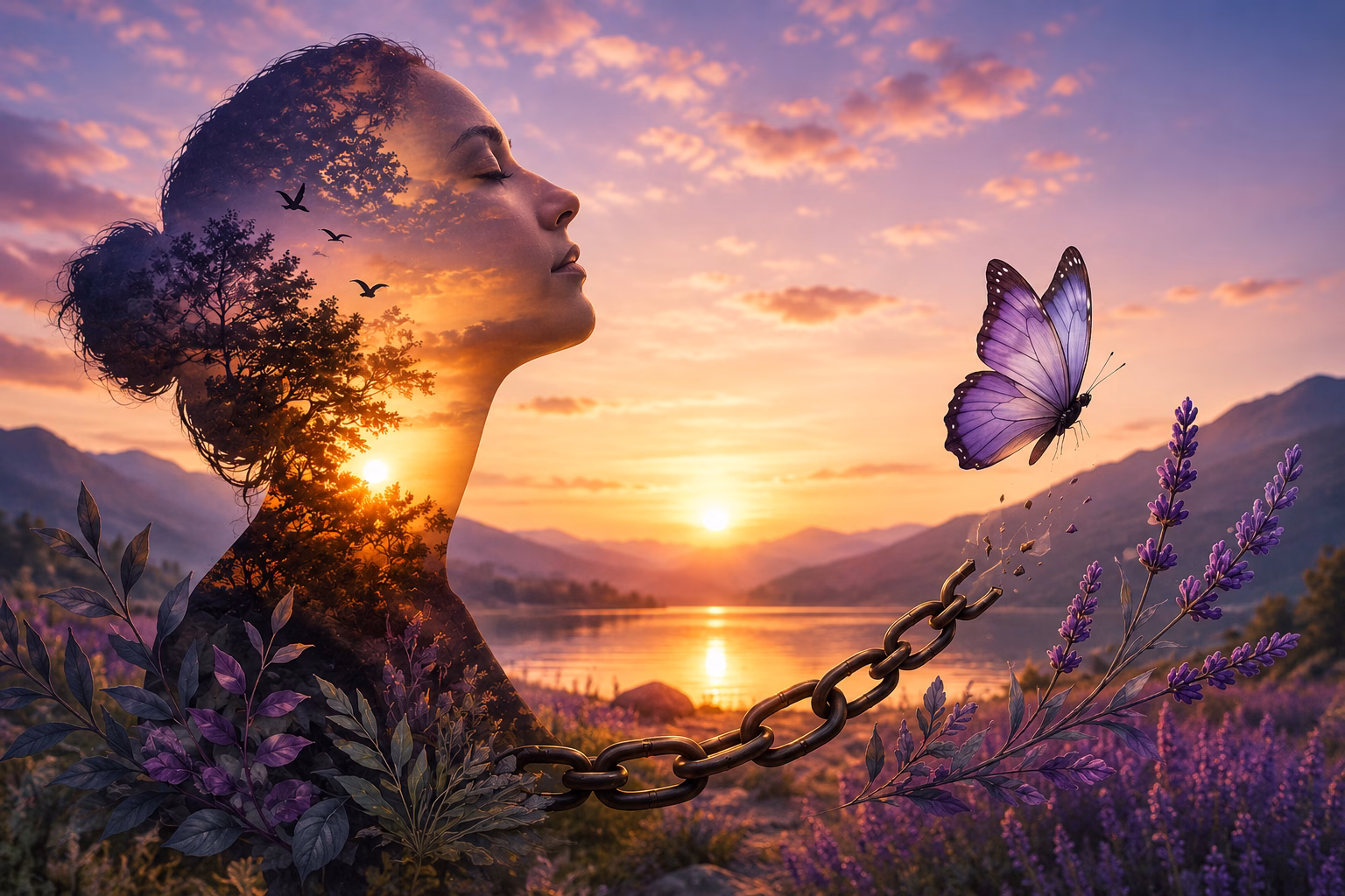 Woman symbolizing healing from trauma and PTSD with a butterfly, broken chain, and sunrise representing emotional recovery, resilience, and hope through trauma therapy.